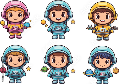 Cute cartoon kids in astronaut suits, exploring space with planets and stars, adorable children character set for educational, sci-fi, or playful design