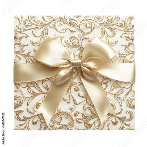 Elegant golden gift box with satin ribbon isolated on transparent background