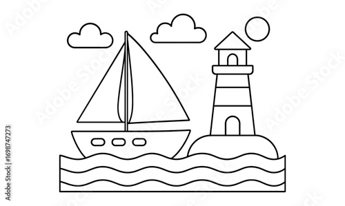 Seaside adventure with sailboat and lighthouse in linear style