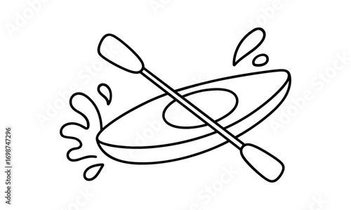 Outline drawing of kayak with paddle and water splashes for adventure themes