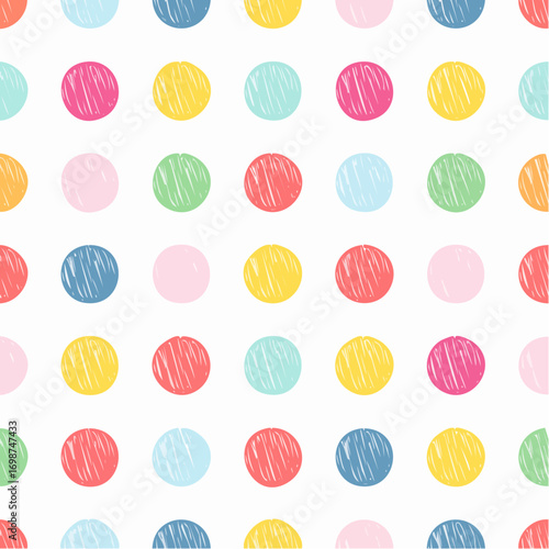 Colorful seamless polka dot pattern. Brush drawn rough multi colored circles. Funky abstract simple background with dots. Hand drawn y2k naive confetti wrapping paper. 