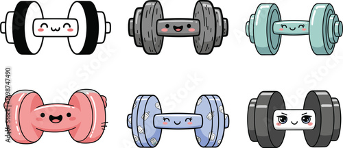 Cute kawaii dumbbells with happy faces, adorable fitness cartoon weights, gym equipment illustration, colorful workout icons for health, exercise, and gym design