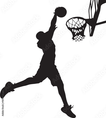 Silhouette of Basketball Player Dunking with Ball on White Background Keywords: basketball, player, dunk, slam dunk, sport, athlete, action, jump, hoop, net, ball, game, competition, motion