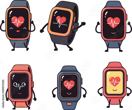 Cute smartwatch characters with heart rate monitor display, fitness tracker digital watch icons, health monitoring wearable device cartoon vector set
