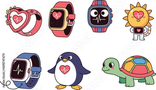 Cute smartwatches with heart rate monitor, fitness tracker, adorable animal characters, health wearable devices, digital pulse screen, cartoon vector collection