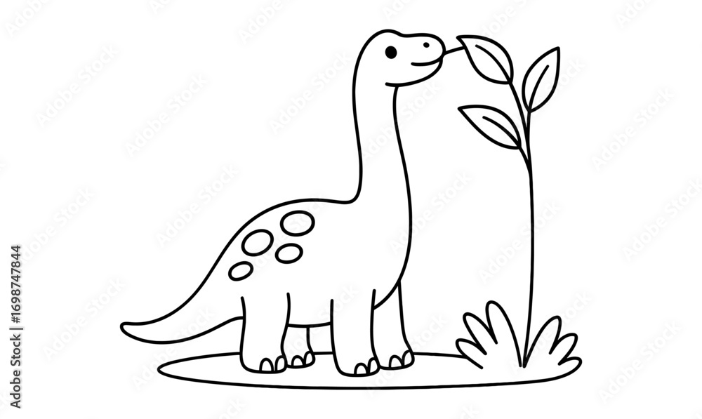 Obraz premium Cute dinosaur eating leaves outline for kids coloring pages