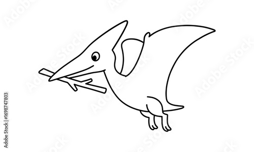Outline of pterodactyl flying with branch in minimal style