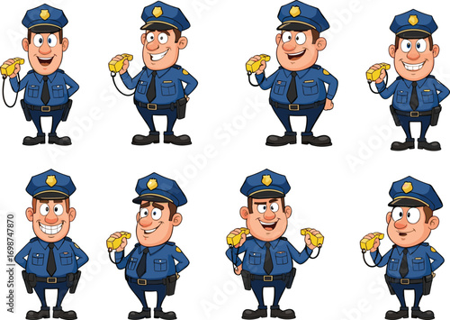 Funny cartoon police officers with badges and donuts, law enforcement characters in blue uniforms, comic cop illustration for humor, safety, patrol, and security designs
