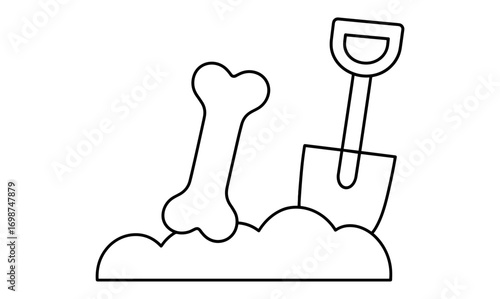 Outline style: bone and shovel in sand