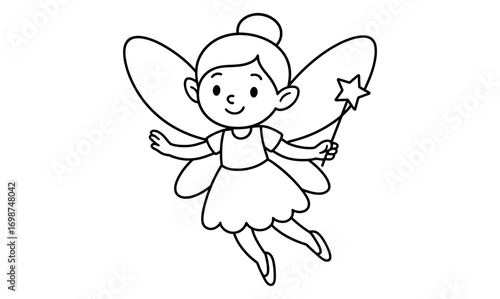 Cute fairy with wand in simple black and white line art for kids
