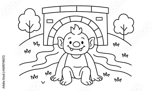Cute troll sitting by bridge: fairy tale coloring page for kids