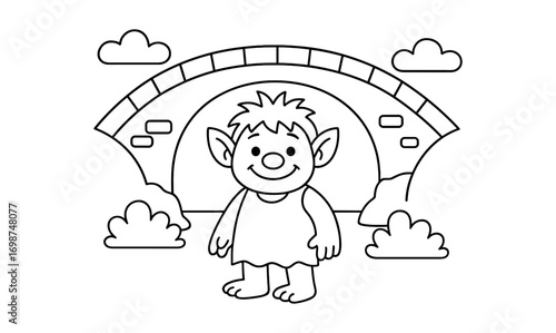 Cute cartoon troll under bridge with clouds and bushes in black and white outline