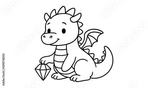 Cute dragon holding gem with wings and spikes in cartoon style