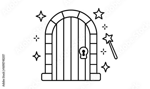 Magical door with stars and wand in linear style