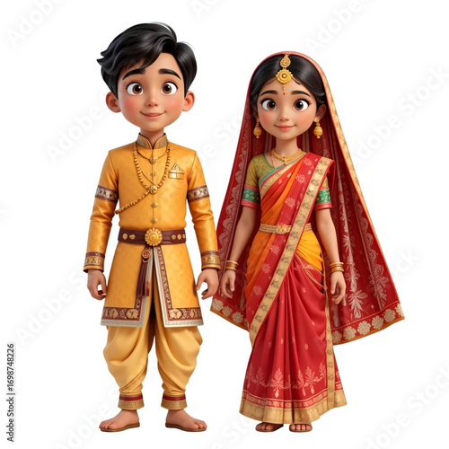 Boy And Girl In Traditional Attire, Boy Wears Golden Kurta And Dhoti And The Girl Does Red Saree.eps