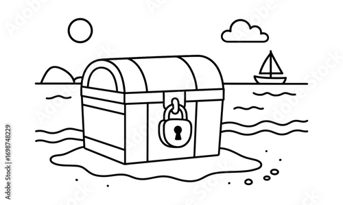 Treasure chest outline on beach with lock and sea background