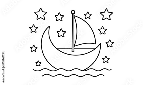 Moon boat and stars line art for dreamy nighttime designs