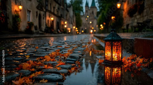 Fototapeta Naklejka Na Ścianę i Meble -  Glowing Lantern on Rainy Cobblestone Street at Night