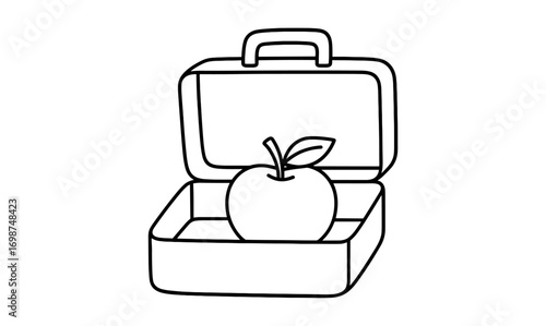 Outline drawing of lunchbox with apple inside