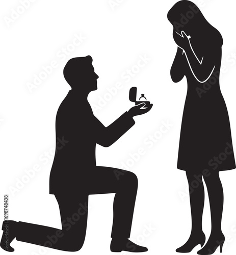 Silhouette of Man Proposing Marriage to Crying Woman on White Background Keywords: proposal, marriage, engagement, ring, couple, man, woman, silhouette, love, romance, wedding, surprise, kneeling