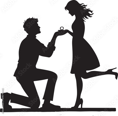 Silhouette of Man Proposing Marriage to Woman in Dress on White Background Keywords: proposal, marriage, engagement, ring, couple, man, woman, silhouette, love, romance, wedding, surprise