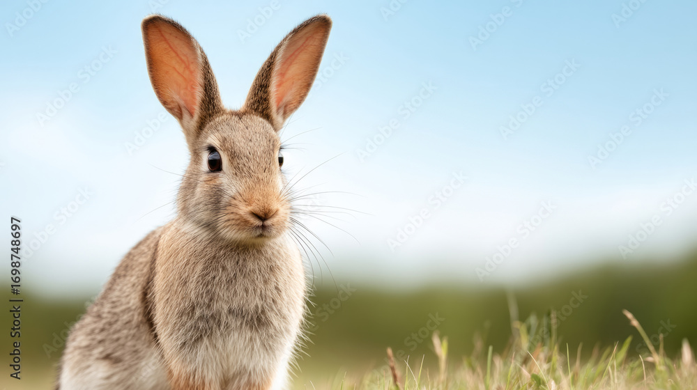Fototapeta premium Curious rabbit in sunny green meadow under clear blue sky for peaceful spring design