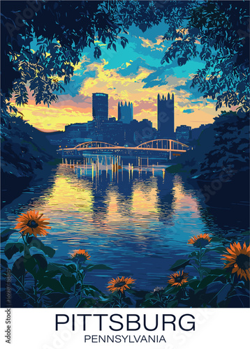 Pittsburgh skyline at sunset with river reflection and sunflowers