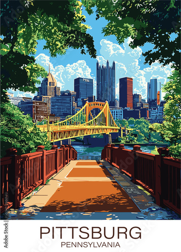 View of Pittsburgh from a bridge with green trees