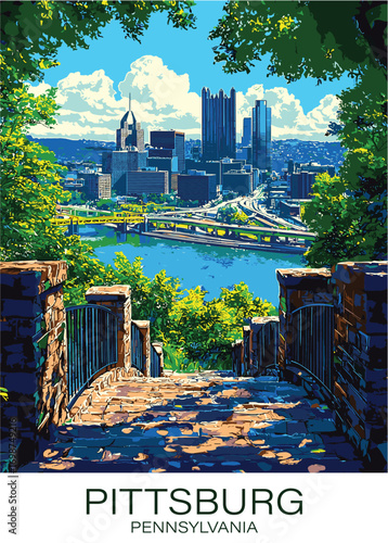 Scenic view of Pittsburgh from stone steps