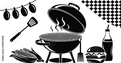 BBQ Grill Set with Corn, Hamburger, Soda, Spatula, Basting Brush, Picnic Blanket, and Decorative Lights Vector Clipart Illustration