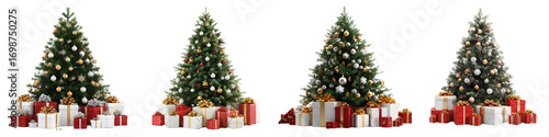 Set of Luxury 3D Christmas scene with fir tree and festive presents, isolated on transparent background.