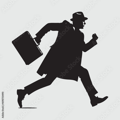 Black silhouette of a man in a fedora hat and trench coat running with a briefcase vector 1