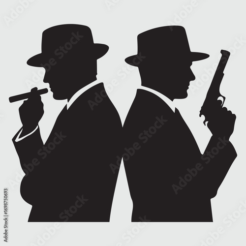 Black silhouette of two men in hats one holding a cigar the other a pistol fedora