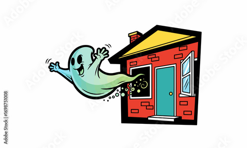 Cartoon Ghost Leaving a House, Happy and Animated.
