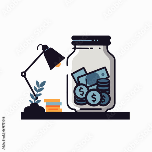 This clean, modern illustration showcases a glass jar filled with money, representing diligent personal savings, future financial security, and smart investment strategies.