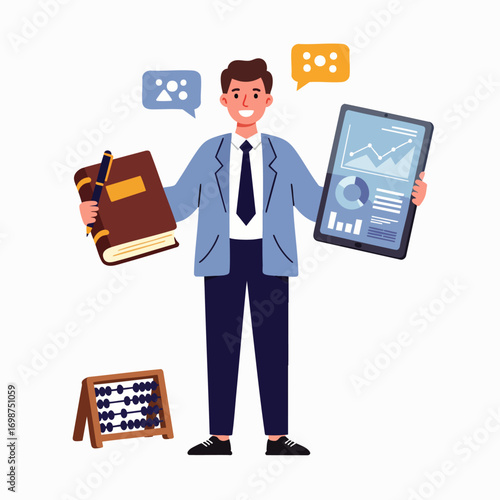 A smiling professional expertly balances traditional learning with modern digital data analysis, representing comprehensive business education and strategic financial planning.