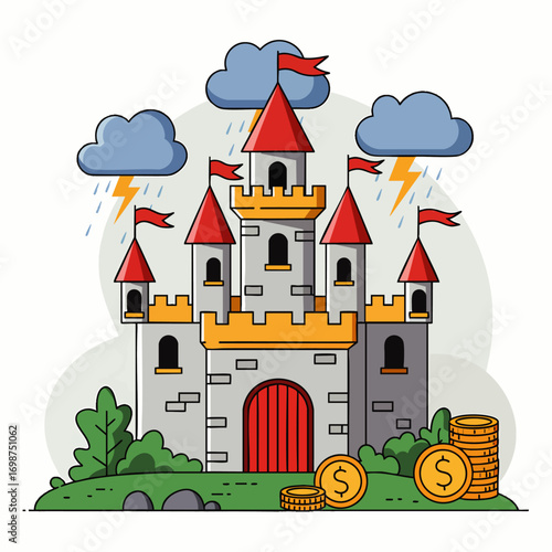 A whimsical cartoon castle stands resiliently amidst a stormy financial forecast, symbolizing the challenges and protection of wealth against economic uncertainty.