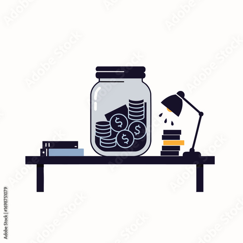 A stylized graphic features a clear money jar overflowing with coins, alongside books and a lamp, illustrating the concepts of personal finance, education, and long-term savings goals.