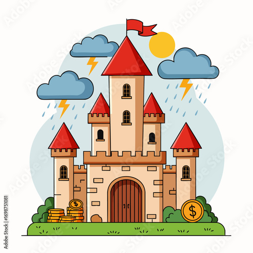 A charming cartoon castle, with red roofs and sturdy walls, symbolizes financial security and market challenges under both sunny and stormy skies.
