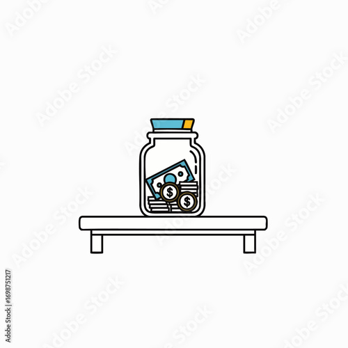 A clean, flat illustration depicts a transparent jar brimming with money, resting on a shelf, symbolizing diligent financial planning and future savings.