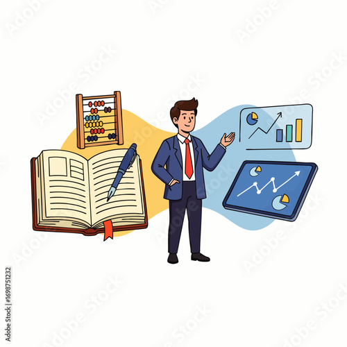A professional businessman explains complex financial data and accounting principles, utilizing modern technology and traditional learning tools for comprehensive analysis.