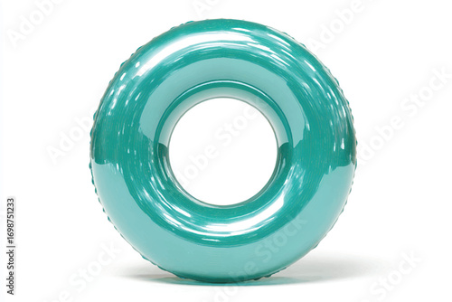Isolated turquoise inflatable ring on white background capturing summer fun and vibrant recreation accessories for swimming pool enjoyment
