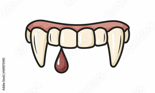 Cartoon Illustration of Vampire Teeth with Blood Droplet, Spooky Halloween Concept.