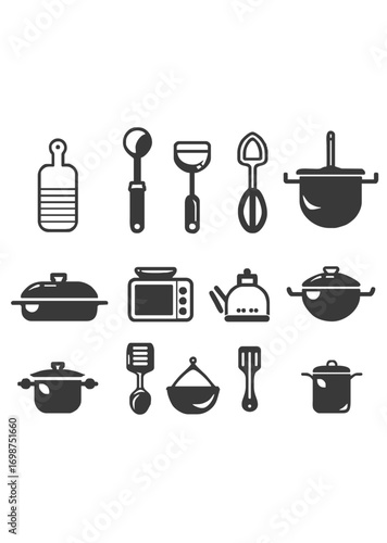 Black Vector Icon Collection of Essential Kitchen Cooking Tools and Appliances Including Pots, Utensils, Kettles, and Mixers on White Background for Culinary Design Projects