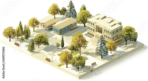 Isometric town illustration with buildings parks trees and street furniture showcasing urban planning and design diversity