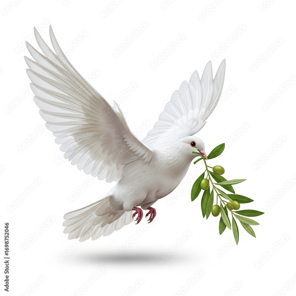 Fototapeta premium White dove carrying an olive branch, symbol of peace, isolated on white background
