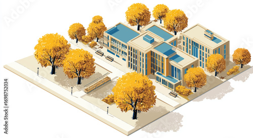 Isometric vector illustration of modern school or university campus with golden autumn trees in the city during daylight for architectural presentation