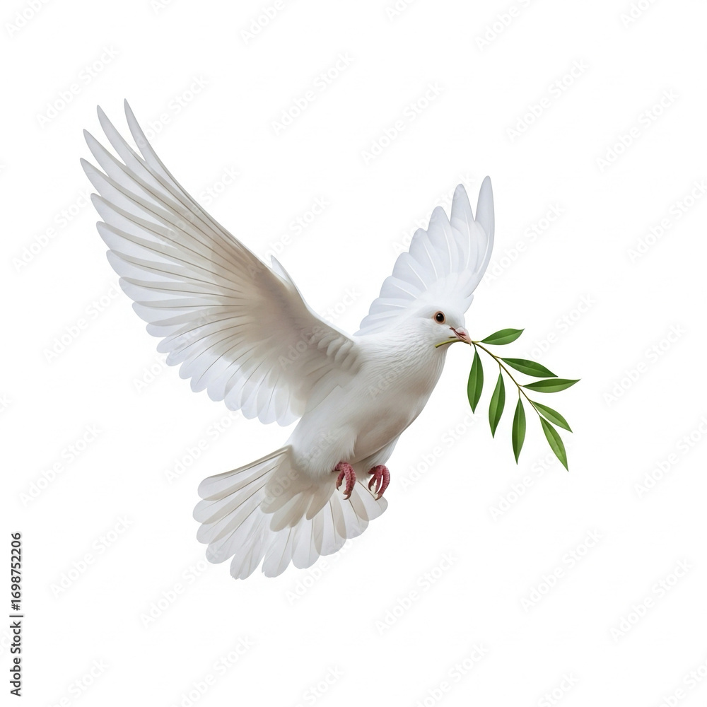 Fototapeta premium White dove carrying an olive branch, symbol of peace, isolated on white background