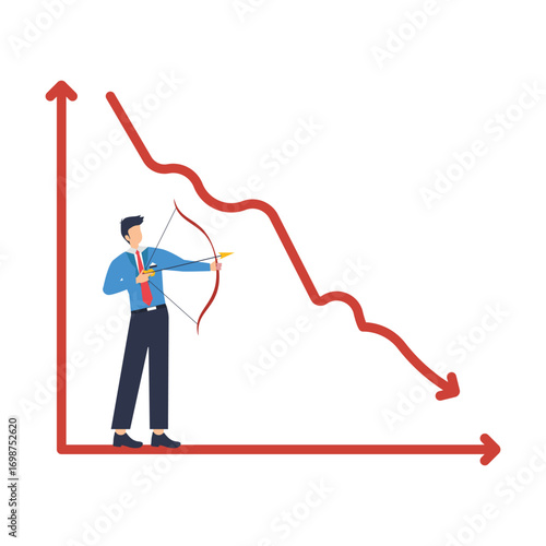 Smart businessman turns downtrend graph upward with bow in flat design procedure to achieve business growth or career success, smart businessman t increasing the financial graph by pulling an arrow