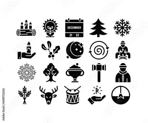  Winter Solstice and Yule Festival Black Icon Set